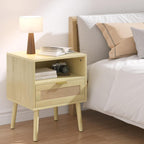 Smart Rattan Nightstand, Boho Side Table with Drawer Open Shelf, Wood Accent Bedside End Table for Small Places, Bedroom, Natural Oak