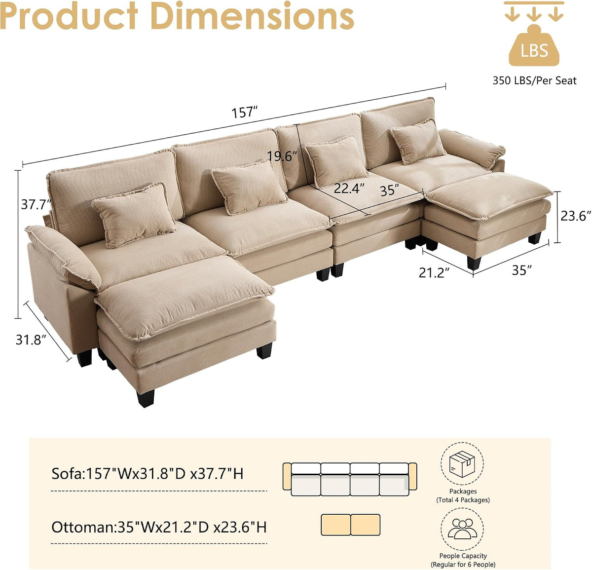 URRED Oversized Modular Sectional Sofa，Solid Khaki：157" U Shaped | Modern Comfy Cloud Couch with Movable Ottoman and Pillow, Deep Seat Couches for Living Room, Bedroom or Apartment