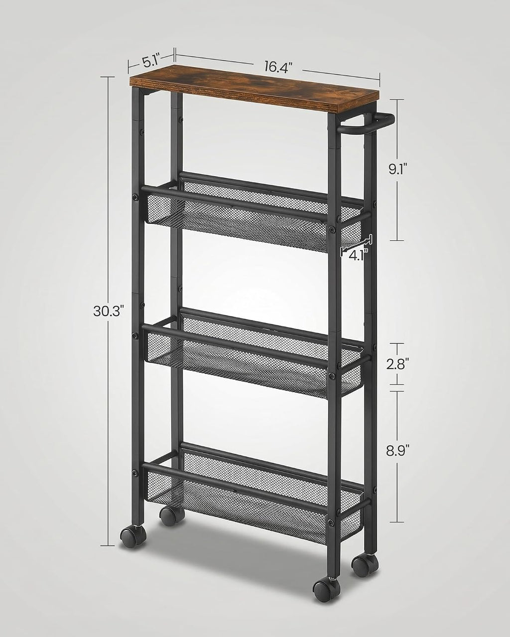 SONGMICS HOME Slim Rolling Cart, 4-Tier Storage Cart with Wheels and Handle, Narrow Utility Cart for Kitchen, Living Room, Brown and Black