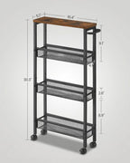 SONGMICS HOME Slim Rolling Cart, 4-Tier Storage Cart with Wheels and Handle, Narrow Utility Cart for Kitchen, Living Room, Brown and Black