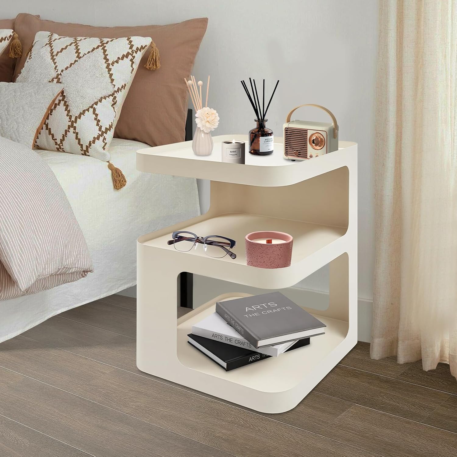 3 Tier Minimalist End Table Modern Side Table with Storage, Freestanding Metal Nightstand for Bedroom, Living Room, Couch, Small Space, Open Design (Cream)