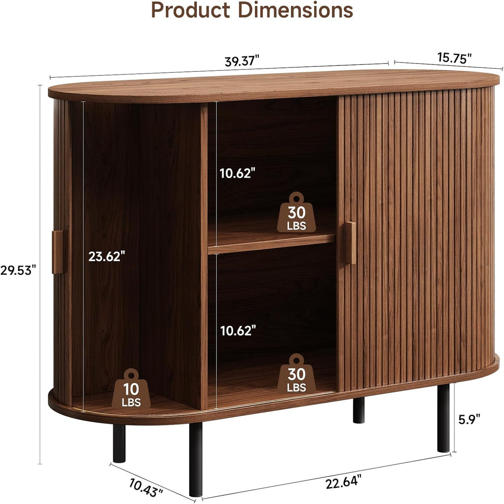 Buffet Cabinet with Storage, Fluted Sideboard Buffet with Sliding Door, Coffee Bar Cabinet with Adjustable Shelf, Console Table, Accent Table for Entryway, Kitchen (Walnut, 40 Inch)