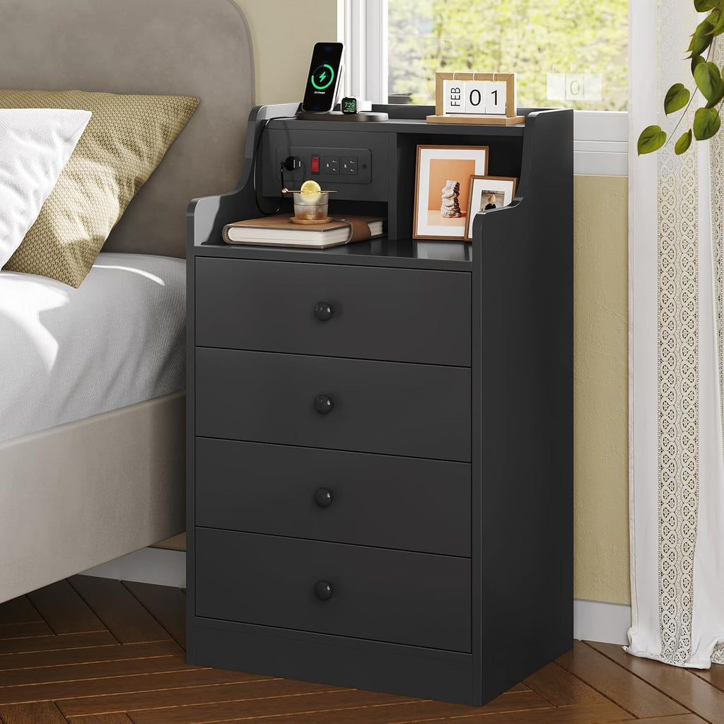 ADORNEVE Black Nightstand Set of 2,Bedside Table with 4 Drawers | Night Stand with Charging Station & Hutch,Large Nightstands Set of 2,Night Stands for Bedrooms,Side Tables Bedroom