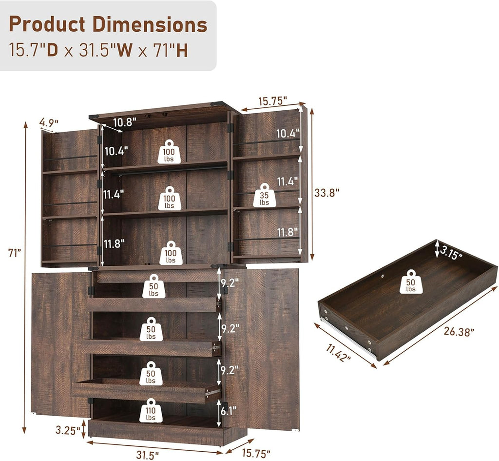 Hlivelood Farmhouse Kitchen Pantry Cabinet with 3 Drawers,71" Tall Rustic Wood Storage Cabinet with 6 Door Shelves,with Load-Bearing Steel Pipe,Pantry Organizers for Kitchen,Dining Room(Rustic Brown)