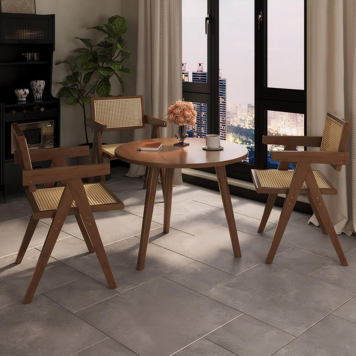 Mid Century Dining Chairs Set of 2, Rattan Accent Armchairs for Living Room, Kitchen, Patio, Brown Wooden Chairs