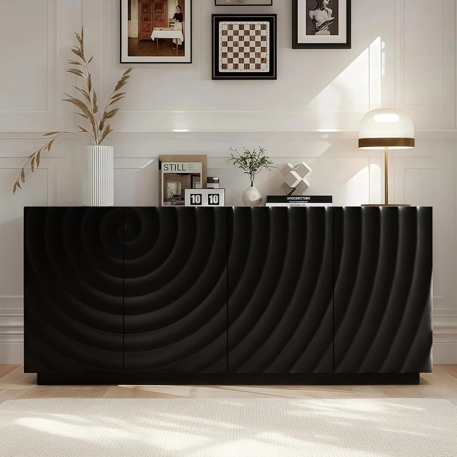 LKTART 59" Sideboard Buffet Cabinet with Storage, 4 Doors Modern Accent Storage Sideboard, Floor Cabinet Buffet with Spiral Grain for Kitchen, Living Room (Black)