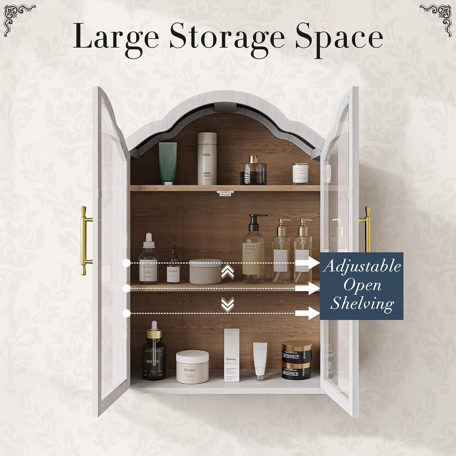 FIMELLO 23.6’’W Wave Design Arched Wall Cabinet, Bathroom Cabinet with Glass Doors Adjustable Shelf, Above Toilet Cabinet, Kitchen Wall Cabinet, Wall Bookshelf, White Grain