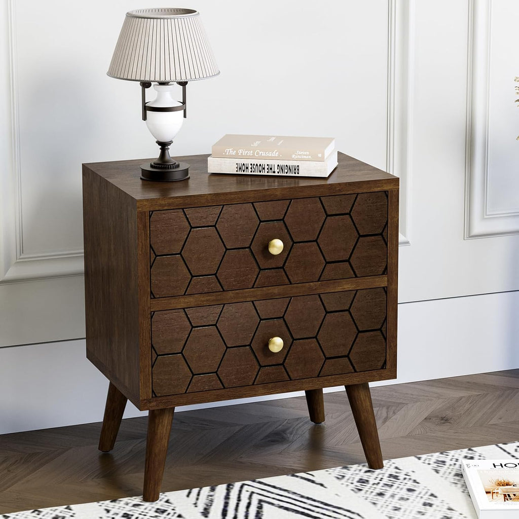 HOMPUS Wood Nightstand Set of 2, Modern Nightstand with Drawers Set 2 w Honeycomb Pattern, Small 2 Drawer Dresser, Bedside End Table with Solid Wood Legs for Bedroom, Dorm, Brown
