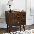 HOMPUS Wood Nightstand Set of 2, Modern Nightstand with Drawers Set 2 w Honeycomb Pattern, Small 2 Drawer Dresser, Bedside End Table with Solid Wood Legs for Bedroom, Dorm, Brown