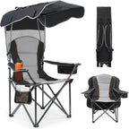 Suteck Camping Chair with Canopy, Outdoor Beach Chair with Adjustable Sun Shade Canopy, Cup Holder, Side Pockets - Heavy Duty Folding Chair with Full Sun Protection Supports 500lbs, Black