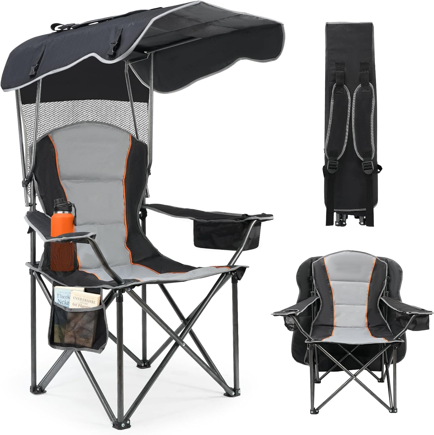 Suteck Camping Chair with Canopy, Outdoor Beach Chair with Adjustable Sun Shade Canopy, Cup Holder, Side Pockets - Heavy Duty Folding Chair with Full Sun Protection Supports 500lbs, Black