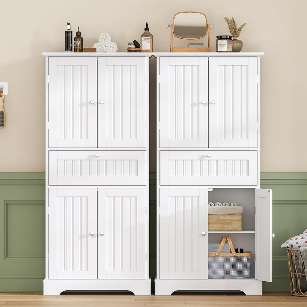 ChooChoo 51" H Bathroom Floor Cabinet with Drawers and Adjustable Shelves | Bathroom Storage Cabinet, Freestanding Kitchen Pantry Cupboard with 4 Doors for Living Room, White