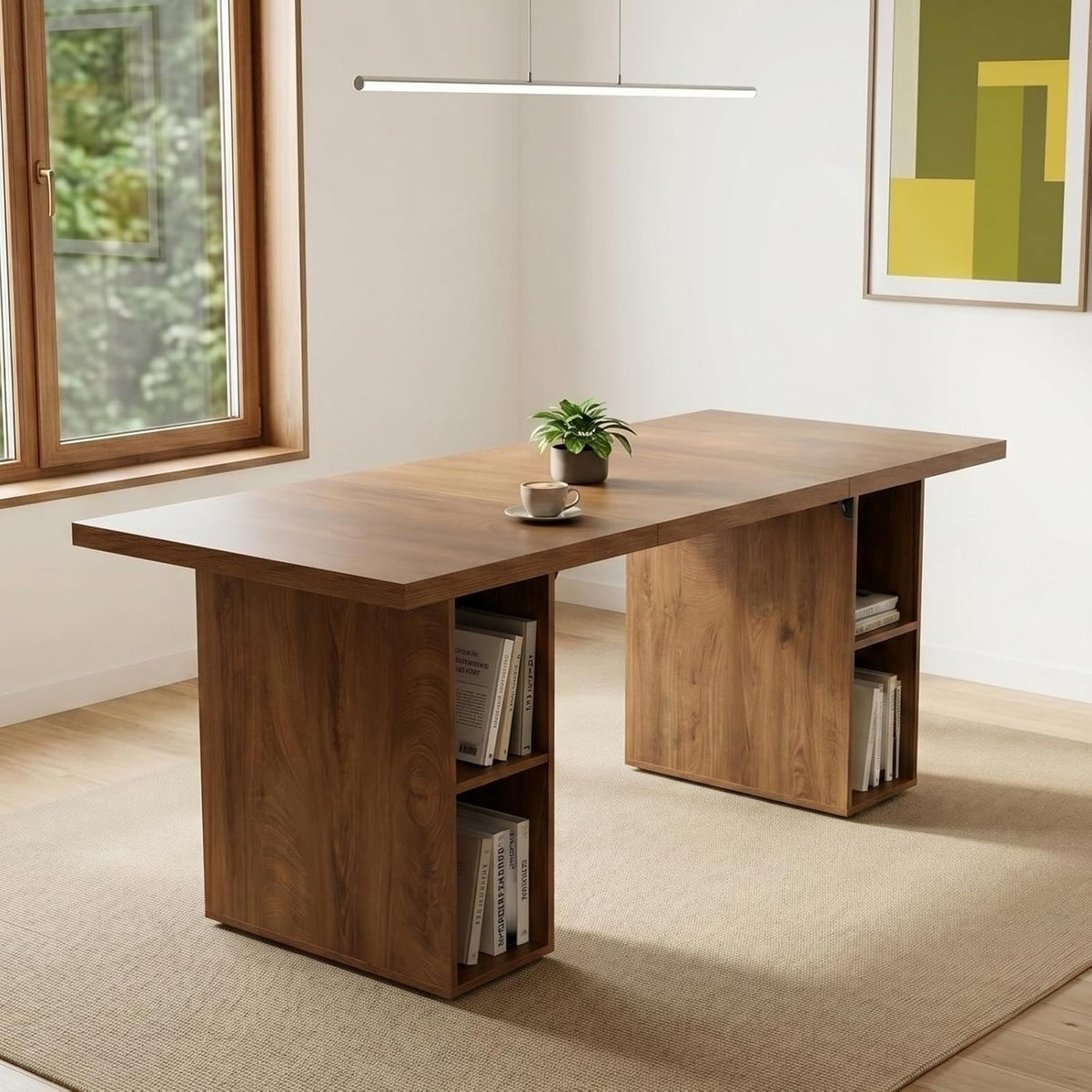 HIPIHOM 70.8'' Large Wooden Dining Table with 6 Open Storage Shelves,Multifunctional Kitchen Table and Computer Workstation, Suitable for 4-6 People, Family Dining Room