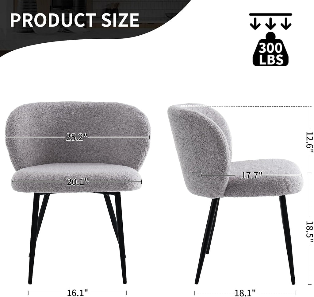 Modern Teddy Dining Chairs Set of 2, Comfy Kitchen Armless Chairs with Thick Cushions, Wingback Chair, Upholstered Dining Room Chairs with Metal Legs for Dining, Living Room, Grey