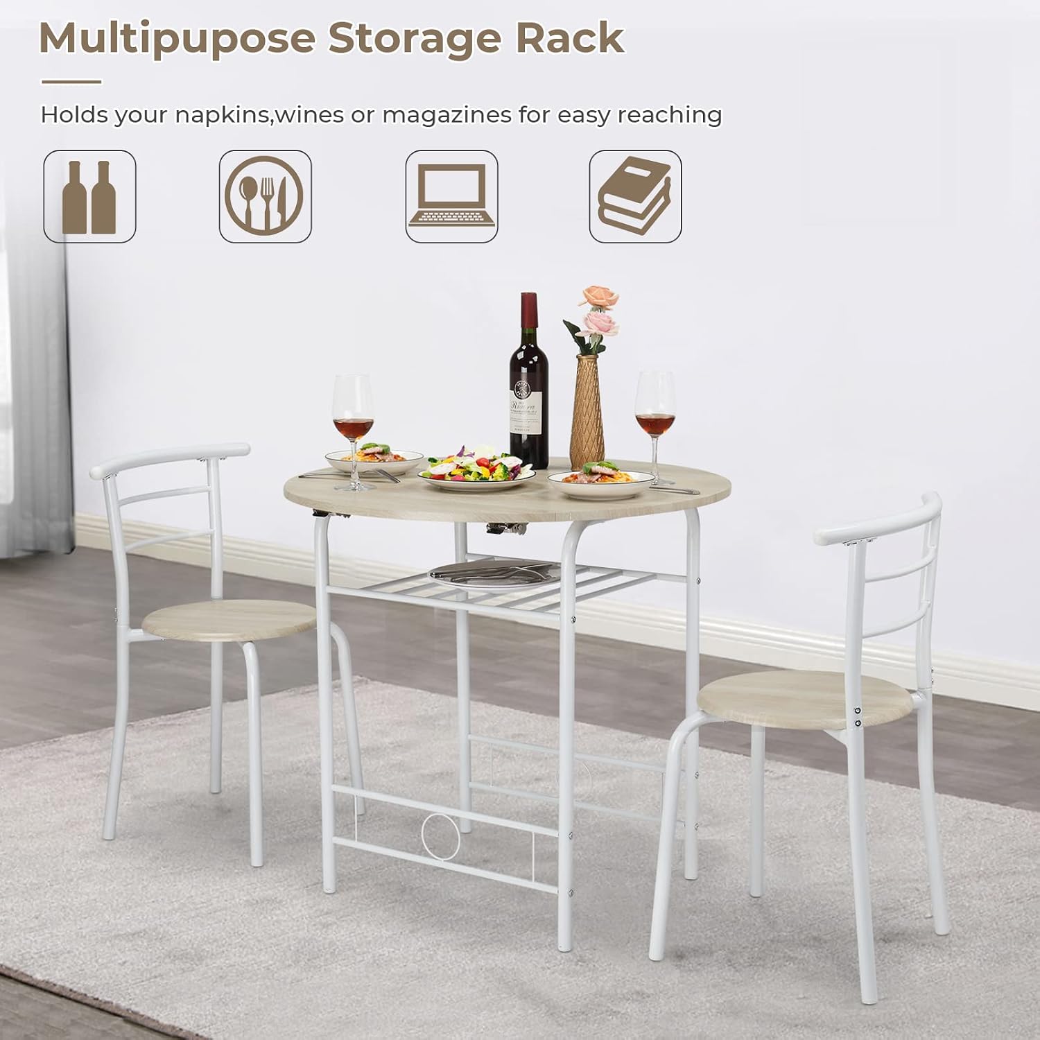 VINGLI 31.5" Drop Leaf Dining Table Set for 2, 3 Pieces Dining Table with Chair for Small Space, Small Kitchen Extendable Folding Dining Table for Dining Room，Home, Apartment, Saving Places, White Oak