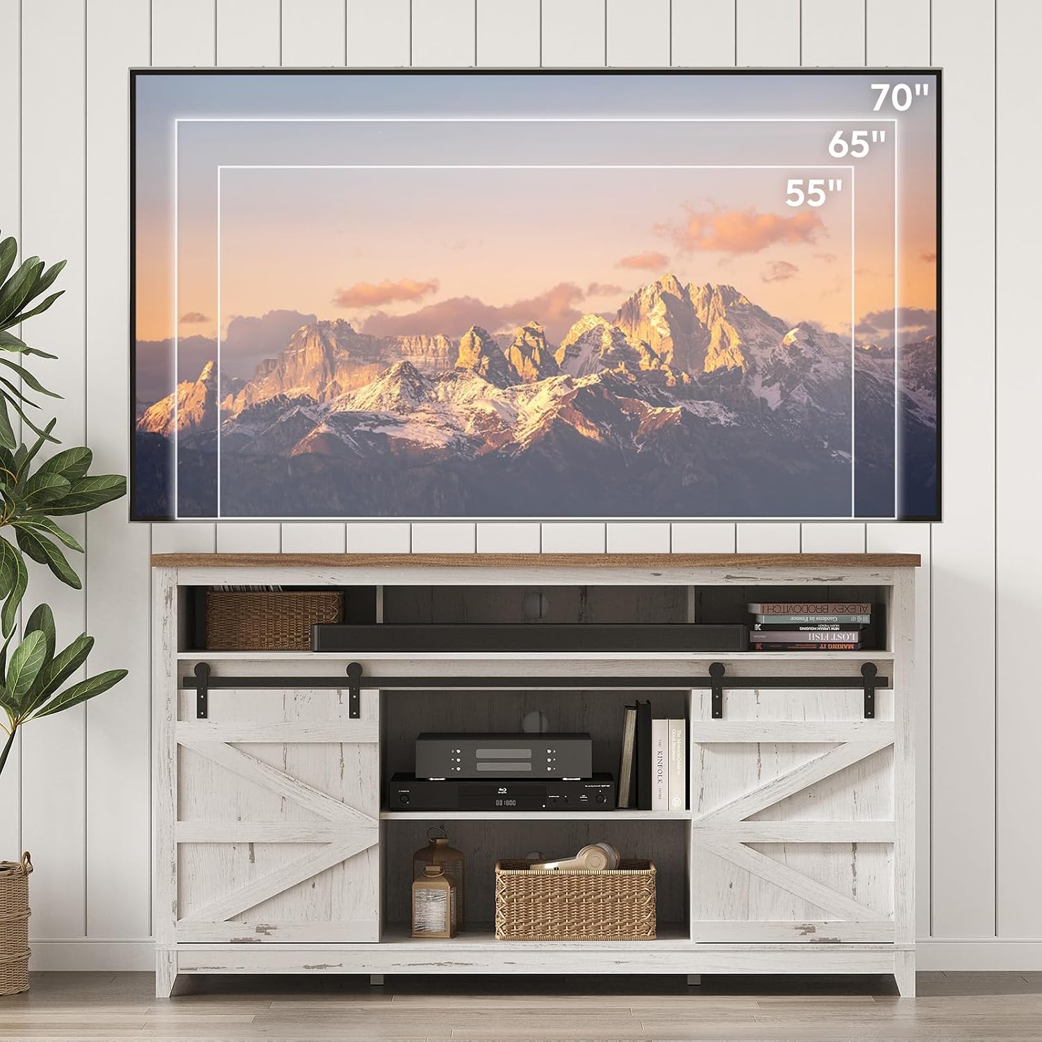 Lifewit Farmhouse TV Stand for up to 65" TV, Entertainment Center with Ajustable Shelves, Sliding Barn Door and Open Storage Spaces, TV Console for Living Room, Bedroom, Hold 300lbs, Rustic White