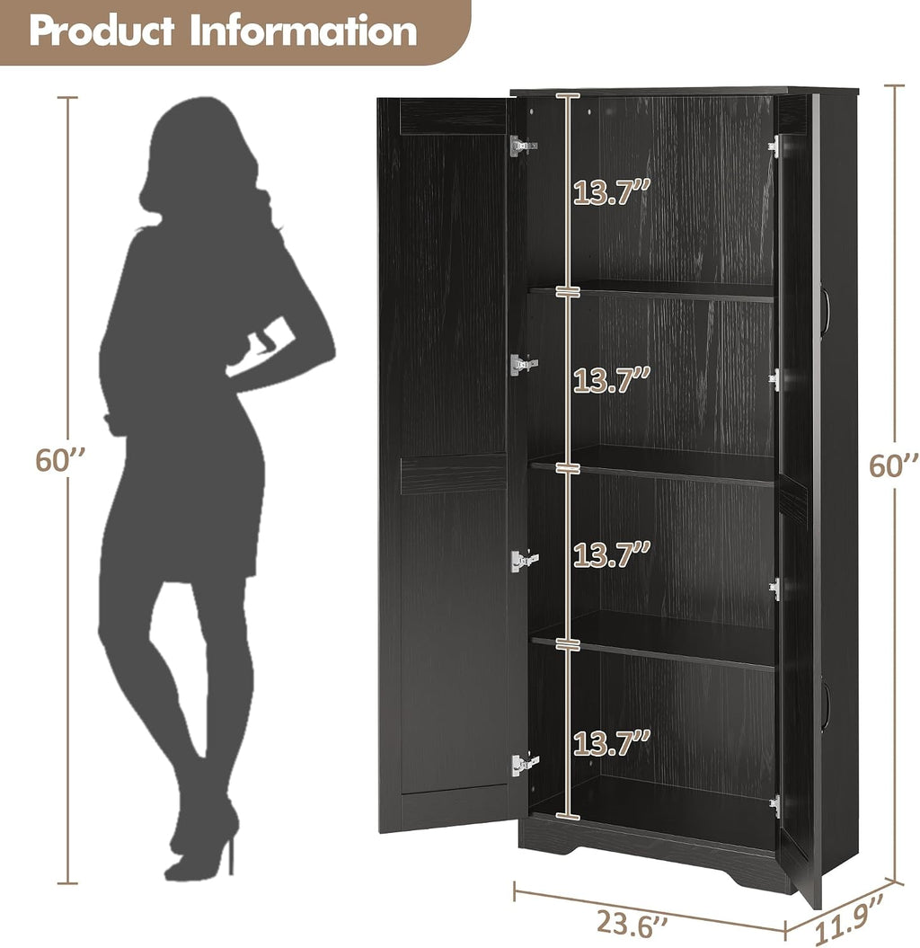 GarveeHome Tall Kitchen Pantry Cabinet, 60 in Storage Cabinet with 2 Doors and Adjustable Shelves, Freestanding Large Utility Storage Cupboard for Dining Room, Bathroom, Living Room, Black