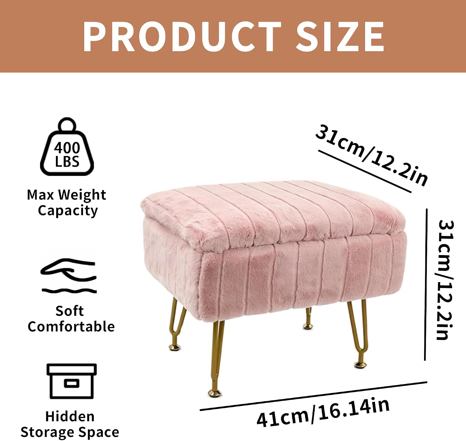 Small Foot Stool with Storage & Gold Metal Legs, Small Ottoman Foot Rest Under Desk for Couch, Chair, Pink Furry with High-Density Resilient Sponge