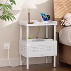 Amazer White Nightstand with Charging Station, Bamboo Night Stand for Bedroom, Bedside Table with USB Ports & Outlets, End Table with Lift-Up Drawer & Open Shelf