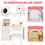 INFANS Kids Vanity, Princess Makeup Desk and Chair Set with Lights Mirror Drawer Storage Shelves, Wooden Dressing Table, Pretend Play Vanity Set for Girls