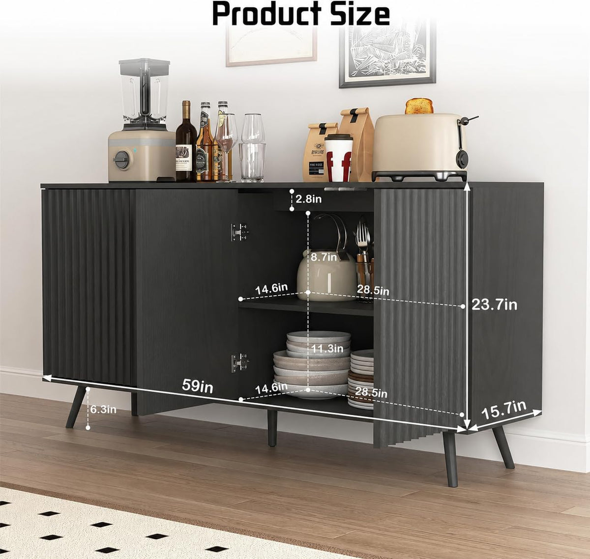 59" Buffet Cabinet with Storage, Modern Kitchen Buffet Sideboard with 4 Doors, Wood Coffee Bar with Adjustable Shelves, Kitchen Storage Cabinet with Adjustable Legs for Living Room (Black)