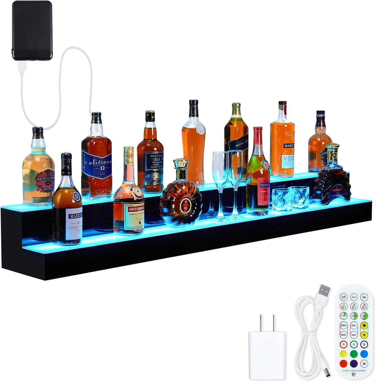60-Inch 2-Tier LED Liquor Bottle Display Shelf with Multicolor Lighting, RF Remote & App Control, Acrylic Bar Shelf Stand for Home Bar, Club, or Restaurant – Illuminated Alcohol Bottle Organizer