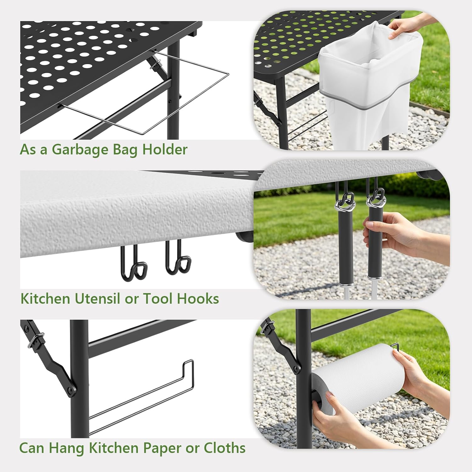 Folding Table, 5ft Folding Grill Table, Portable Camping Table for Cooking & BBQ Prep, 2-in-1 Metal&Solid Surface Foldable Grill Station for Party Cooking, Backyard, Patio Use,(Black and White)