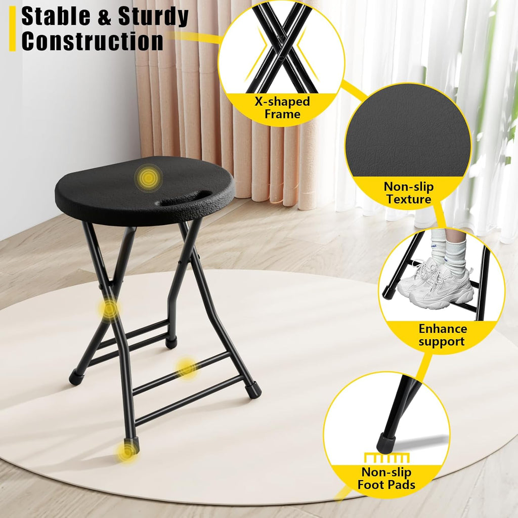 Folding Stool, 18 Inch Foldable Stool with Handle & Steel Frame, Pack of 2 Folding Bar Stools, 440lbs Sturdy Foldable Lightweight Metal Chair for Camping, Indoor and Outdoor, Black