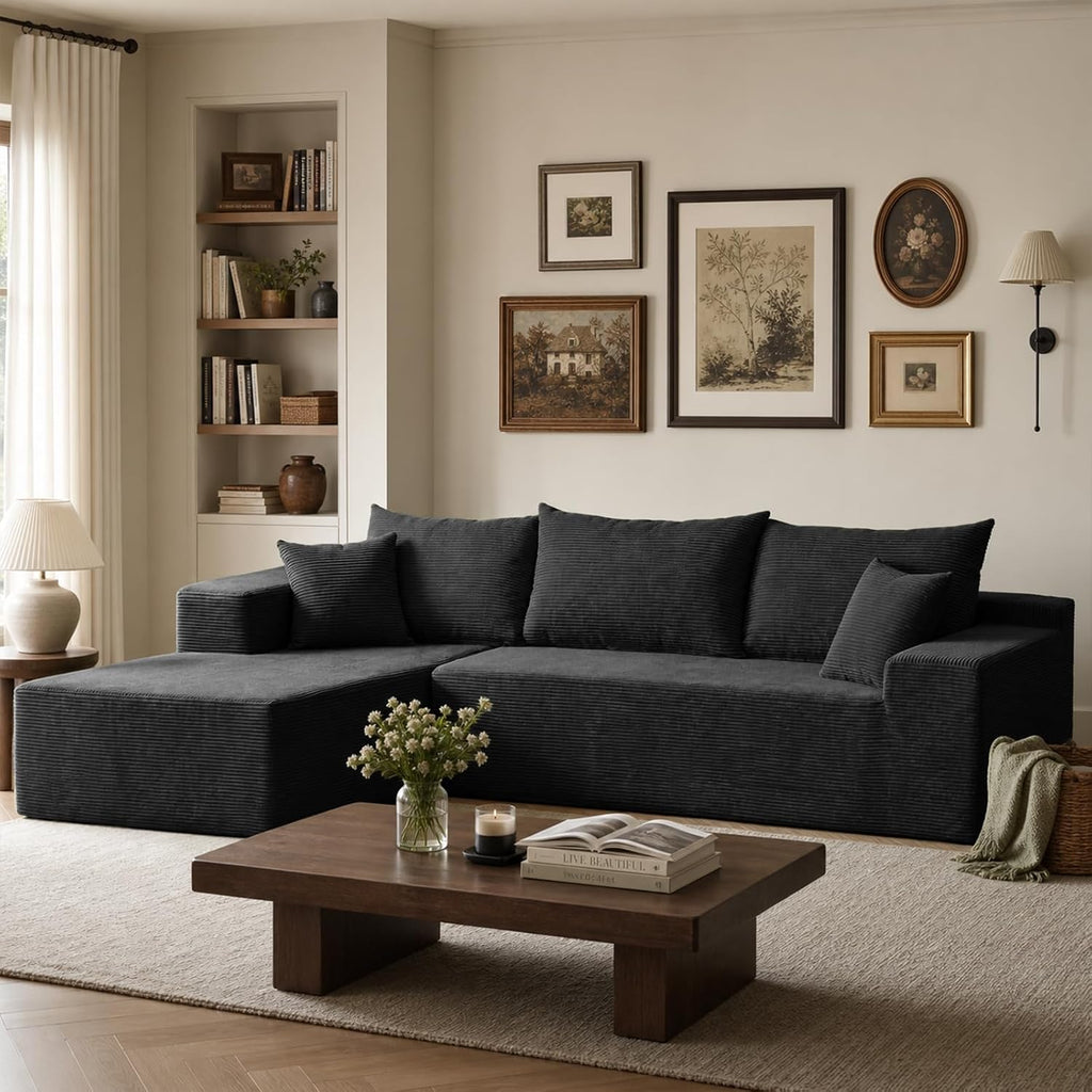 Couch, 102.4" Sectional Couches for Living Room with L Shape Sofa | Cloud Couch Sectional with Chaise, Modular Cloud Sofa with Deep Seat, No Assembly, Black, Corduroy, Left Chaise