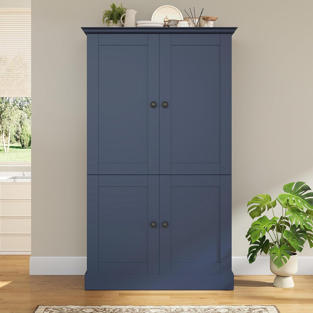 71" H Large Kitchen Pantry with 4 Doors, Freestanding Buffet with 3 Drawers, 6 Door Shelves and 6 Wine Racks, Wooden Storage Cabinet with Adjustable Shelves for Kitchen, Dining Room, Blue