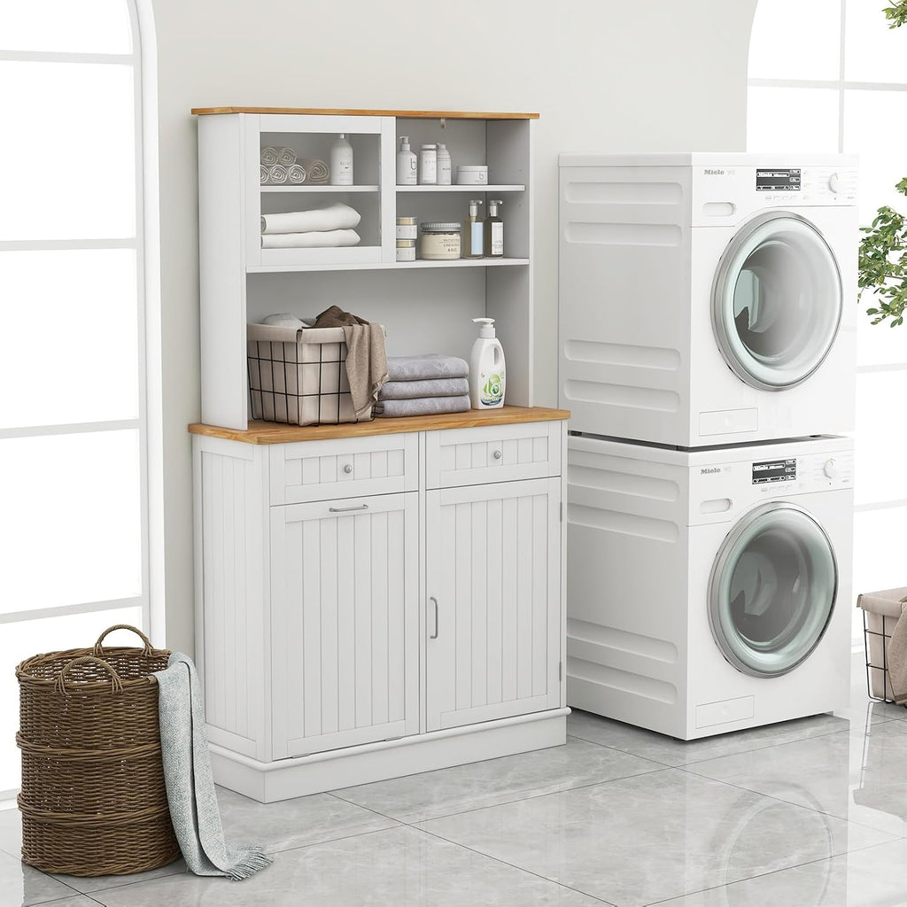 68" Tall Kitchen Pantry Cabinet, Freestanding Kitchen Hutch w/Tilt Out Trash Can Cabinet, Microwave Countertop, Sliding Glass Door, Wooden Dining Room Cupboard