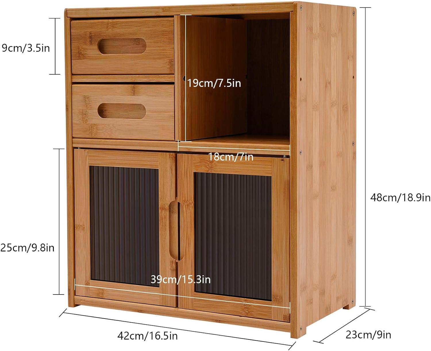 Countertop Bamboo Kitchen Pantry, 16.5*9*18.9in, Freestanding Sideboard with 2 Drawers and Clear Doors, Large Capacity Storage Cabinet for Home Kitchen Dining Living Room, Natural Wood Color