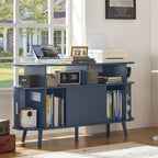 LELELINKY Extra Large Round Record Player Stand with Charging Station | Mid Century Modern Fluted Turntable Cabinet,Vinyl Storage, Arched Wood Record Player Table for Living Room,Blue
