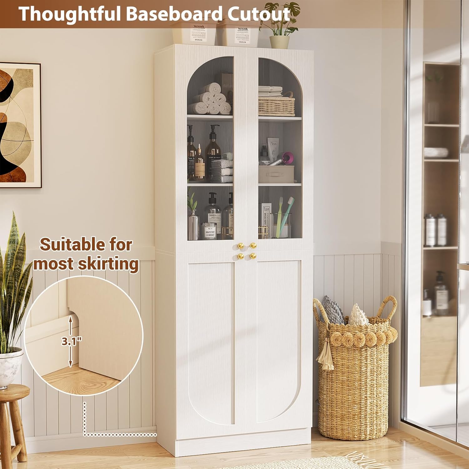 Cyclysio 80" Kitchen Pantry Cabinet with Tempered Glass & Soft Close Doors | Tall Arch Storage Cabinet, Freestanding Wood Floor Cupboard Bookcase with Seamless Fit Wall for Dining Living Room, Bathroom