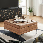 HULALA HOME Tufted Faux Leather Coffee Table, Camel | 36.5" Square Storage Ottoman with Metal Legs, Large Upholstered Ottoman for Couch and Living Room