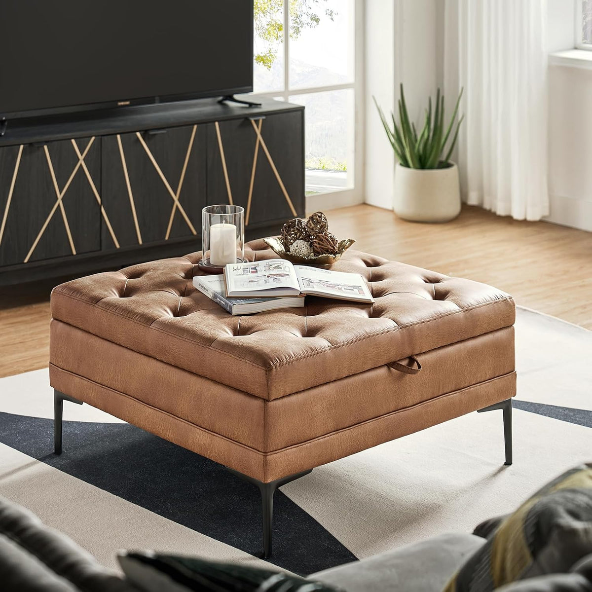 HULALA HOME Tufted Faux Leather Coffee Table, Camel | 36.5" Square Storage Ottoman with Metal Legs, Large Upholstered Ottoman for Couch and Living Room