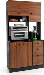 LOKO 71” Tall Kitchen Pantry Storage Cabinet, Freestanding Buffet Hutch with Doors, Adjustable Shelves, 3 Drawers and Microwave Stand, Kitchen Hutch for Dining Room, Living Room (Walnut)
