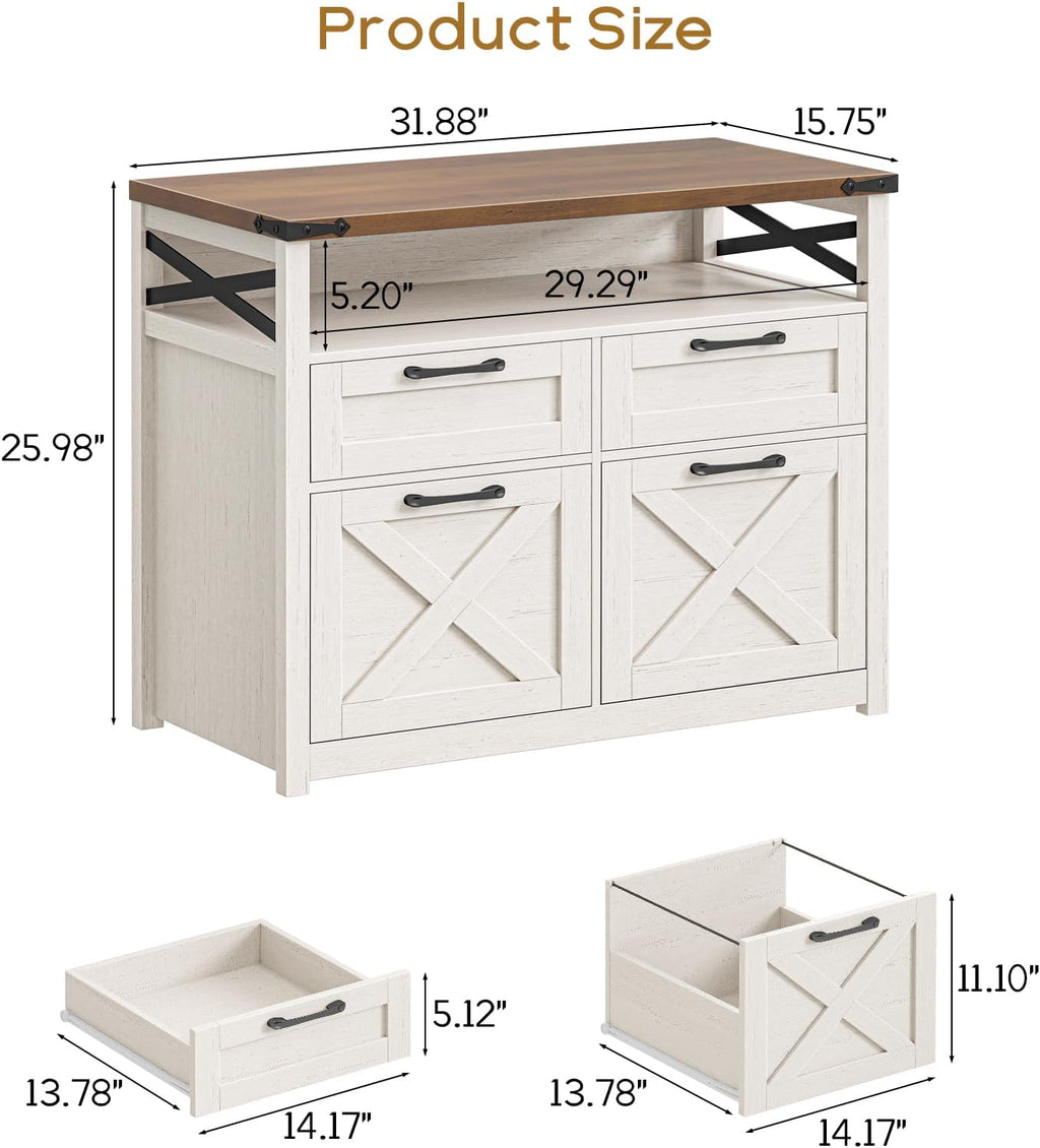 Farmhouse 4 Drawer File Cabinet with Open Storage Shelf, Lateral Filing Cabinet Fits Letter/A4/ Size, Home Office Filing Organizer, Document Storage Printer Stand for Office and Home. Uunique White