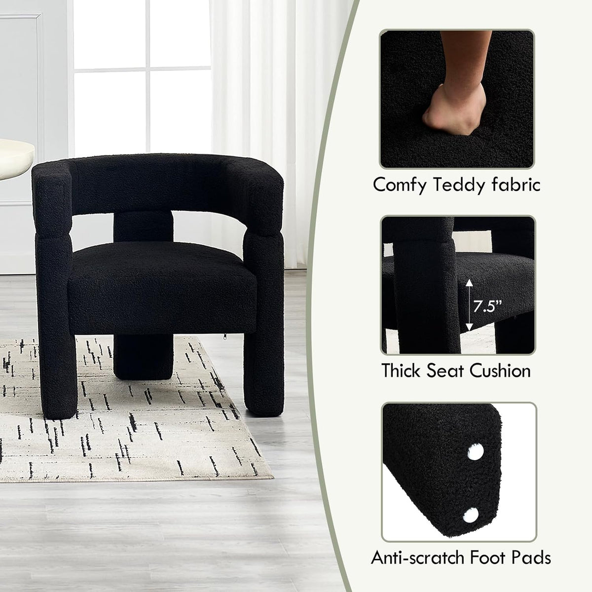 Sherpa Barrel Accent Chairs Set of 2, Modern Boucle Dining Room Chairs, Comfy Upholstered Side Chair with Arm, Cozy Sitting Chair for Bedroom/Kitchen/Living Room/Office, Black