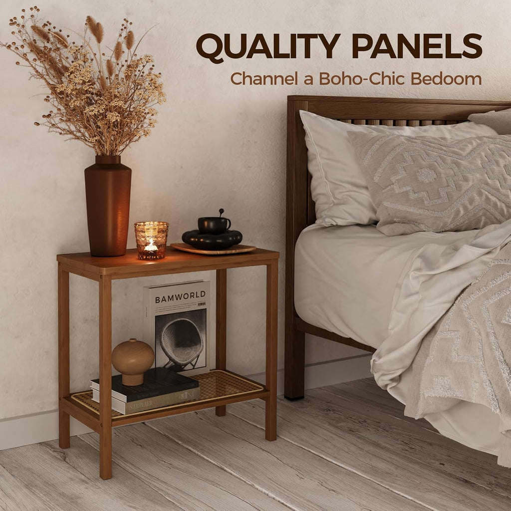 Rattan Side Table Mid Century Modern End Table Living Room 2-Tier End Table with Rattan Storage Shelves for Small Space Night Stand Narrow Coffee Table Boho Bamboo Small Bedside Table