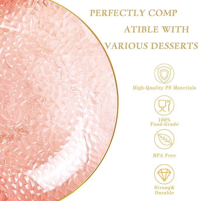 Rubtlamp 60 Pieces Pink Gold Plastic Plates - 10 inch Pink Plastic Dinner Plates - Hammer Pattern Design - Fancy Clear and Gold Disposable Plates Ideal for Mother's Day