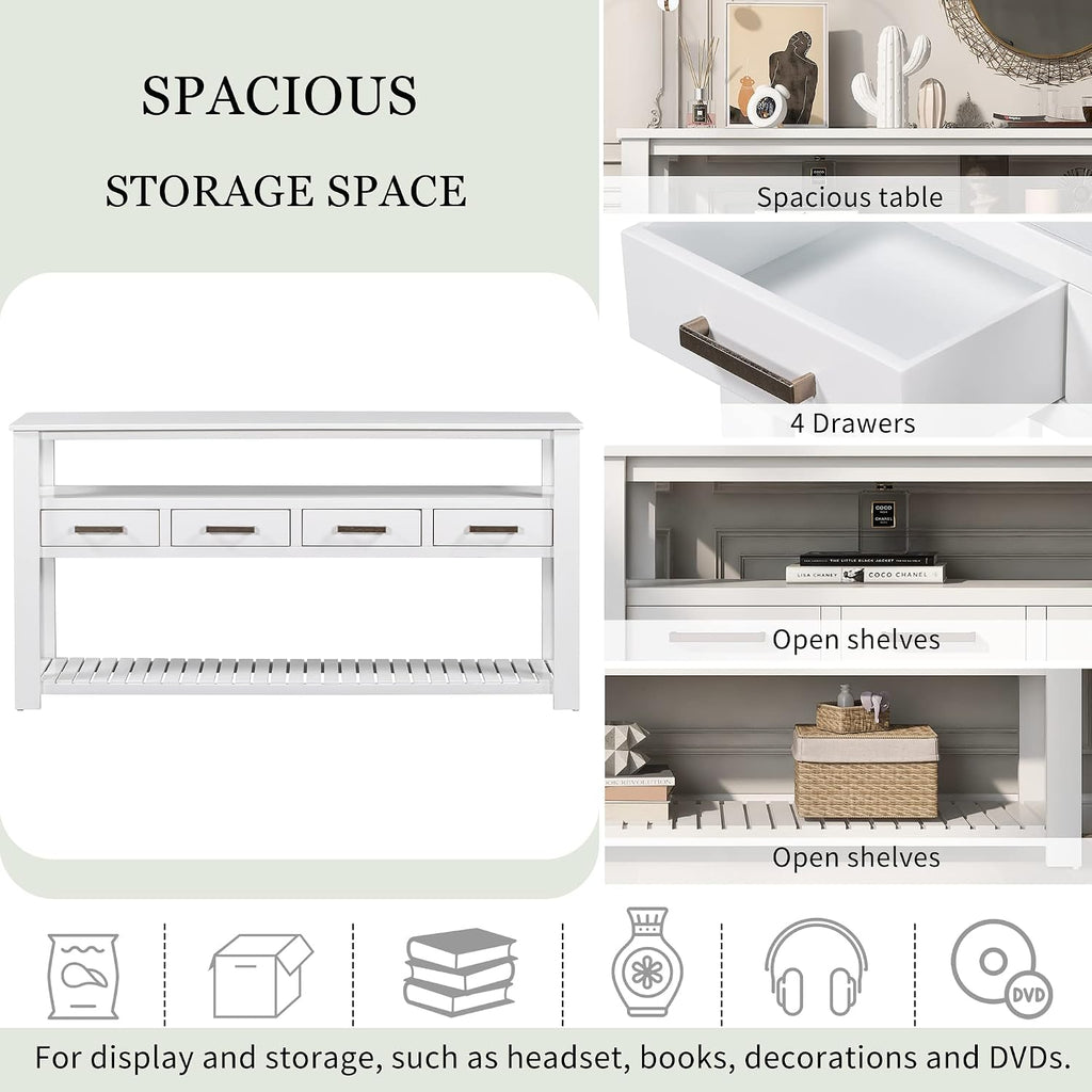 LUMISOL Console Table with 4 Drawers and 3-Tier Open Shelves, Wood Sofa Table Behind Couch with Metal Handles, Entryway Table for Living Room Foyer and Kitchen, White