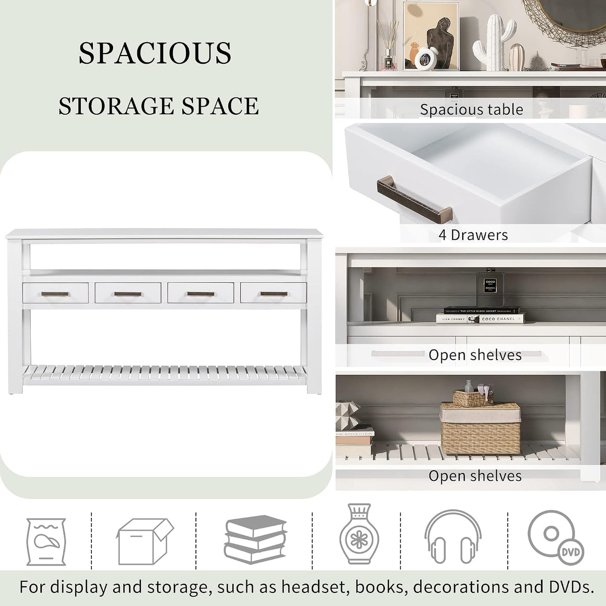 LUMISOL Console Table with 4 Drawers and 3-Tier Open Shelves, Wood Sofa Table Behind Couch with Metal Handles, Entryway Table for Living Room Foyer and Kitchen, White