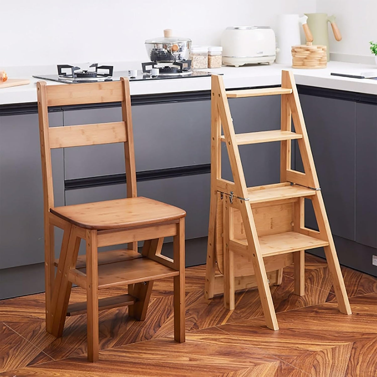 Step Stool Chair For Kitchen step Stool Chair wooden Folding Chair chair Step Stool Combo library Chair Ladder Convertible multifunctional Step Stool suitable For Kitchen Restaurant Library Warehouse(