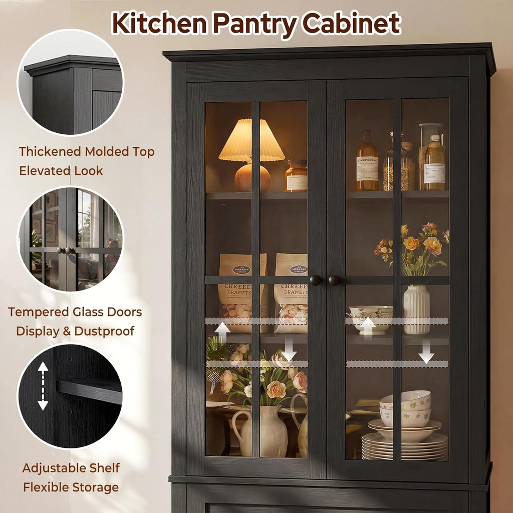 63" Kitchen Pantry Cabinet, Modern Farmhouse Storage Cabinet with Tempered Glass Doors & 2 Large Drawers, Wood Cupboard with Adjustable Shelves for Dining Room, Kitchen, Black