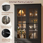 63" Kitchen Pantry Cabinet, Modern Farmhouse Storage Cabinet with Tempered Glass Doors & 2 Large Drawers, Wood Cupboard with Adjustable Shelves for Dining Room, Kitchen, Black