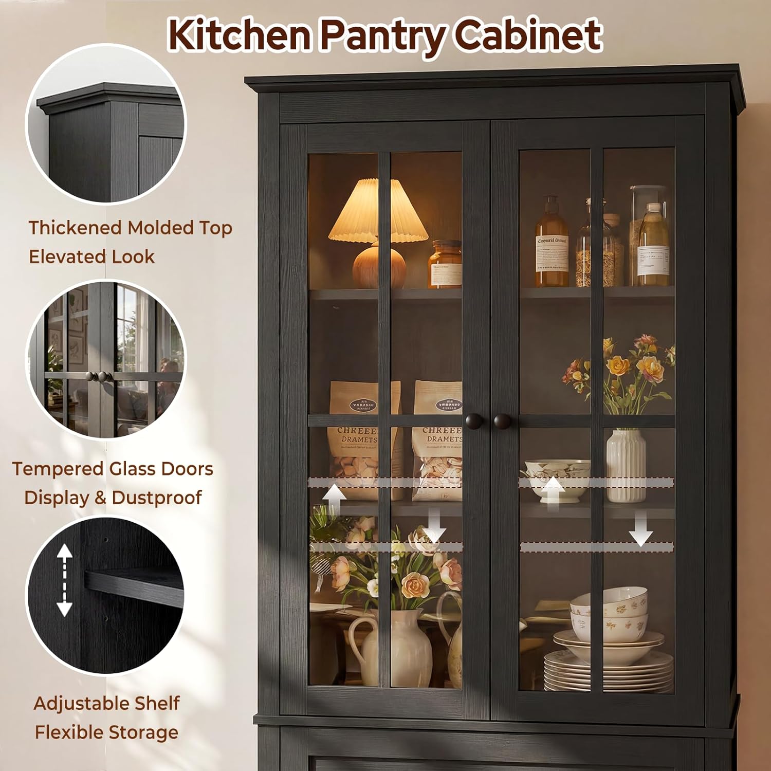 63" Kitchen Pantry Cabinet, Modern Farmhouse Storage Cabinet with Tempered Glass Doors & 2 Large Drawers, Wood Cupboard with Adjustable Shelves for Dining Room, Kitchen, Black