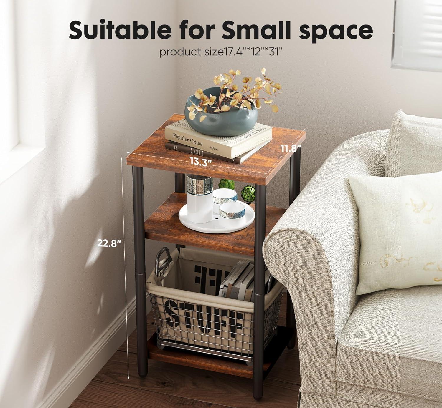 Sweetcrispy 3-Tier End Tables with Adjustable Feet, Bed Side Table, Small Nightstand for Bedroom, Office, Living Room Furniture, 2 Pack, Rust