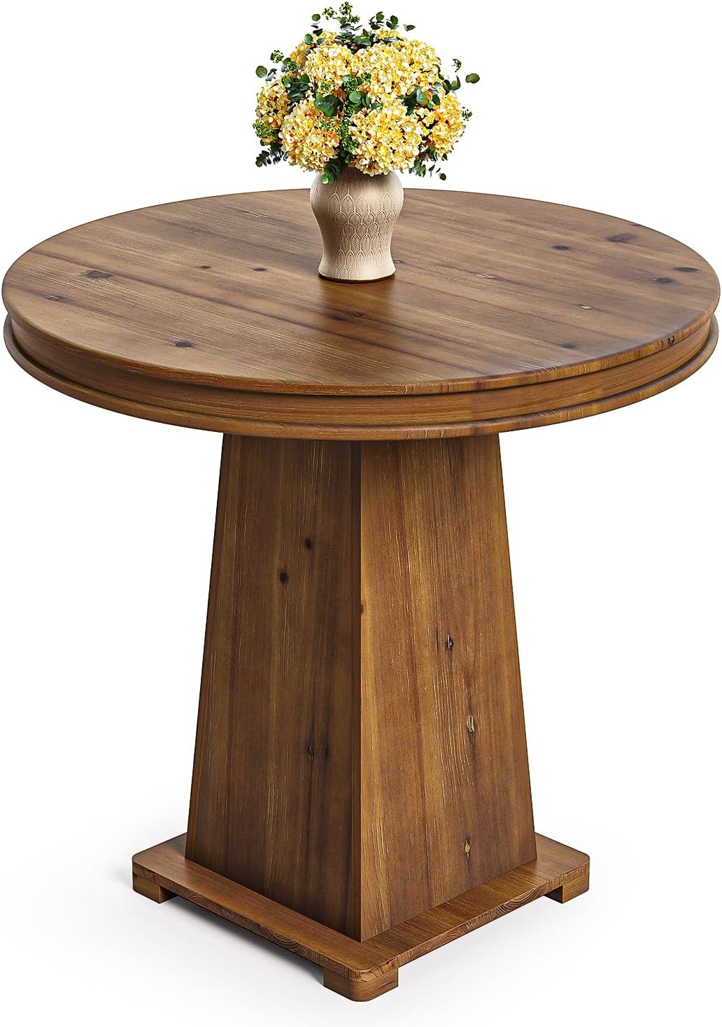 LITTLE TREE Solid Wood Round Dining Table, 31.5" Small Kitchen Table for 2, Modern Farmhouse Dinner Table for Dining Room, Kitchen, Living Room, Artistic Geometric Base, Table Only (Rustic Brown)