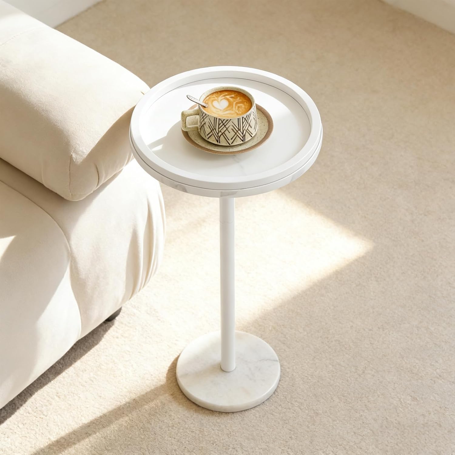 smusei Small Drink Table with Marble Base Round Side Table for Small Spaces Pedestal Side Table with Anti-Fall Guard for Living Room Bedroom Home Decor, White